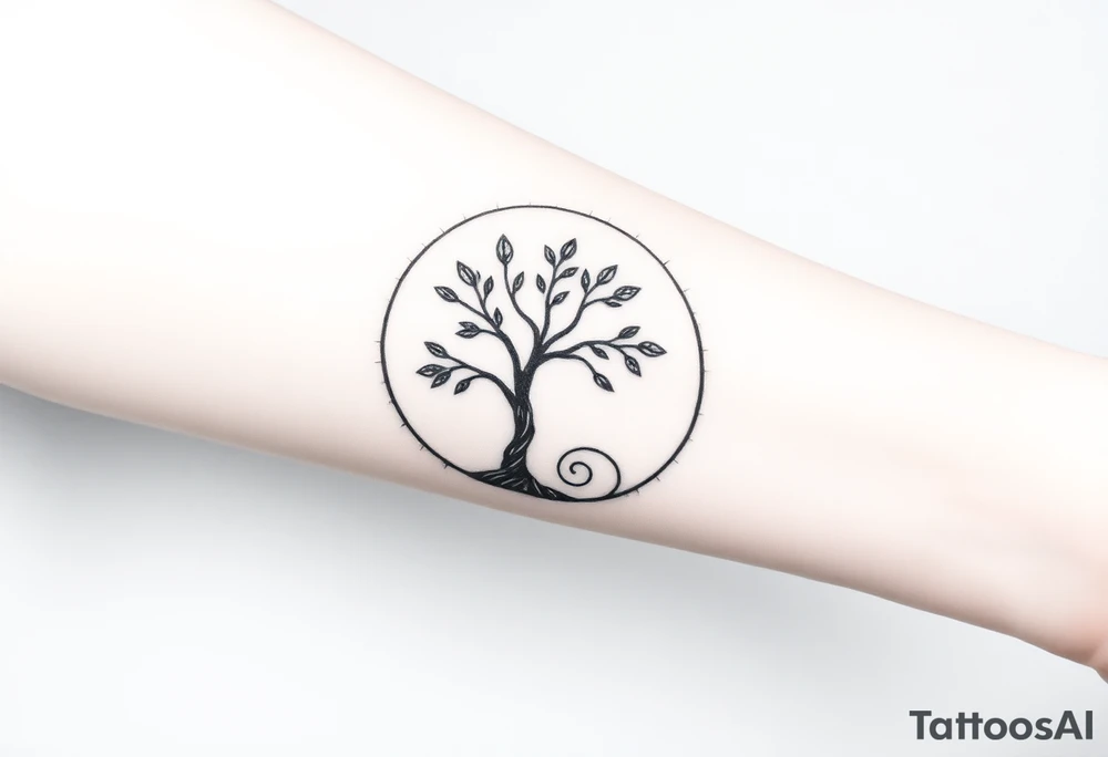 A tree inside of a circle, with few leaves, with an outward spiral line (moving to the right), as its roots, encircling the entire tree tattoo idea
