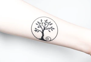 A tree inside of a circle, with few leaves, with an outward spiral line (moving to the right), as its roots, encircling the entire tree tattoo idea