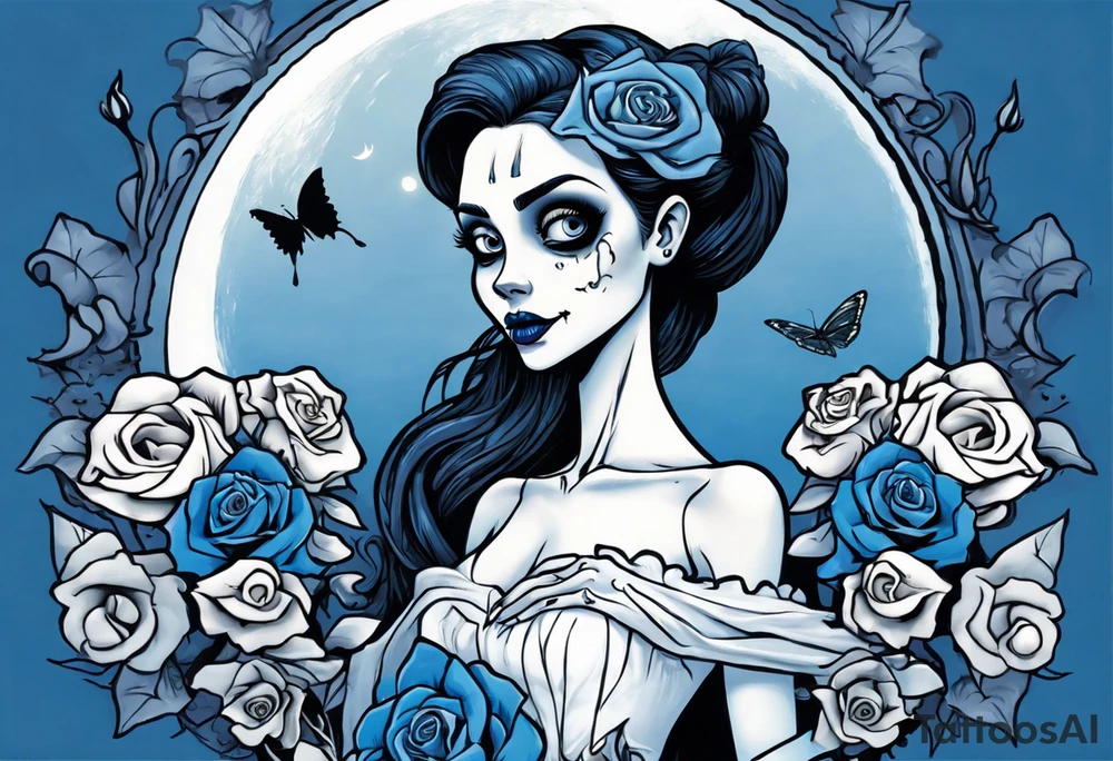 corpse bride Emily wearing a wedding dress she is holding a blue rose bouquet of flowers. one white daisy in the middle of the bouquet. one blue butterfly. A full moon on the background. full grown tattoo idea
