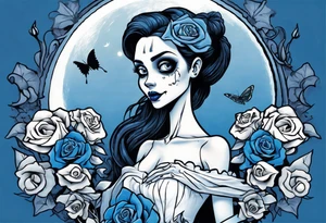 corpse bride Emily wearing a wedding dress she is holding a blue rose bouquet of flowers. one white daisy in the middle of the bouquet. one blue butterfly. A full moon on the background. full grown tattoo idea