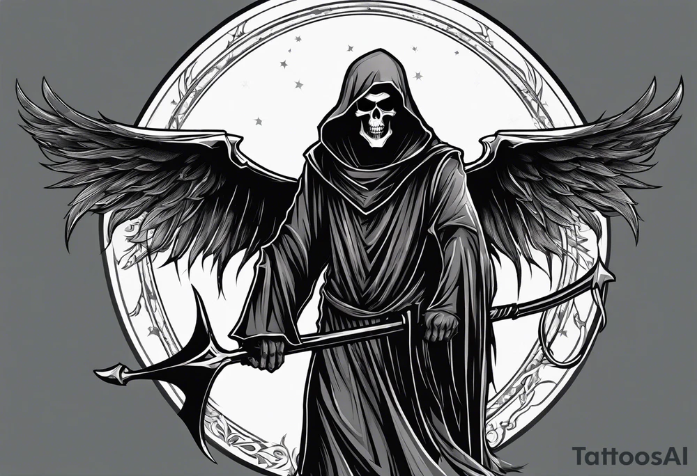 A full body grim reaper with his hood completely off, a halo above his head. tattoo idea