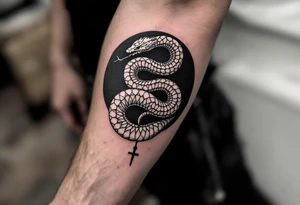 A white ouroboros (snake eating its tail) on a black circular background, symbolizing eternal safety. tattoo idea