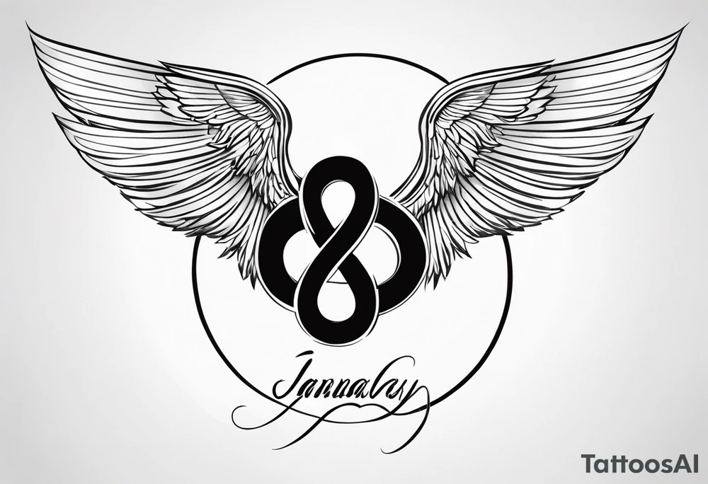 Infinity sign dates January 1, 1959 to February 2, 2016 and angle wings in the background tattoo idea