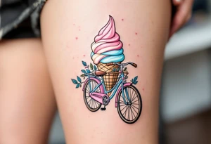 A bicycle with a giant ice cream cone in the front bicycle basket, with pastel pinks, blues, and creamy whites, representing indulgence and happiness. tattoo idea