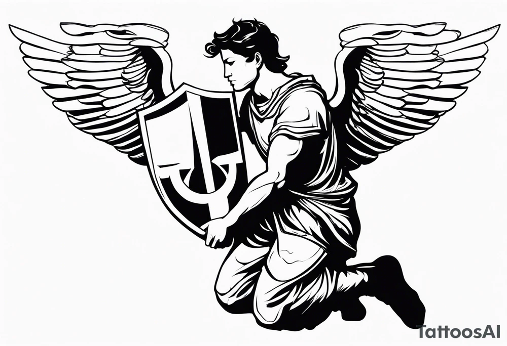 side view of crouched male angel holding shield tattoo idea