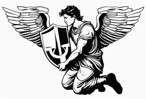 side view of crouched male angel holding shield tattoo idea