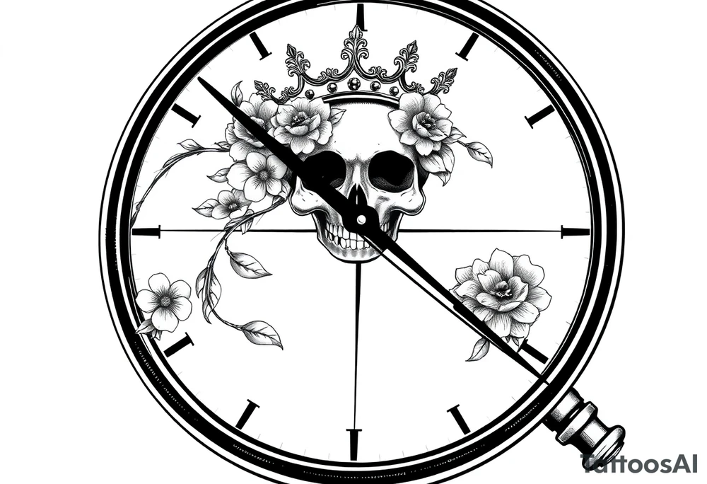 Compass with detailed beautiful gothic boho flowers on vine and skull with gorgeous crown tattoo idea