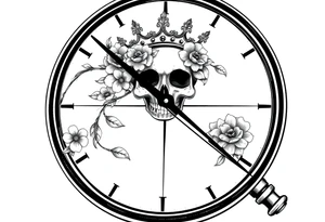 Compass with detailed beautiful gothic boho flowers on vine and skull with gorgeous crown tattoo idea