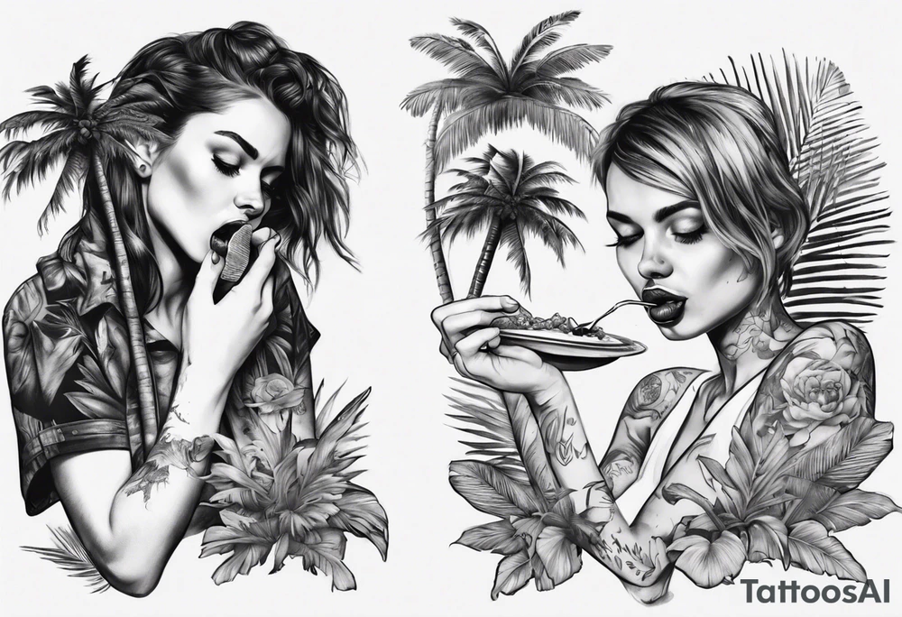 girl eating palm tree tattoo idea