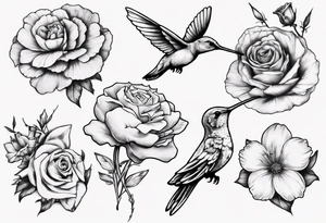 a sleeve tattoo of four flowers , Paperwhites flower, Peony flower, Cosmos Flower, Rose Flower, a hummingbird sucking on the rose flower and two butterflies flying. tattoo idea