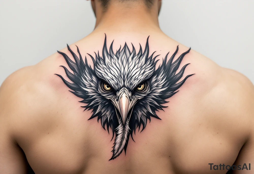 Fierce bird with all seeing gaze and sharp talons with feather in beak tattoo idea