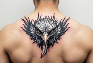 Fierce bird with all seeing gaze and sharp talons with feather in beak tattoo idea