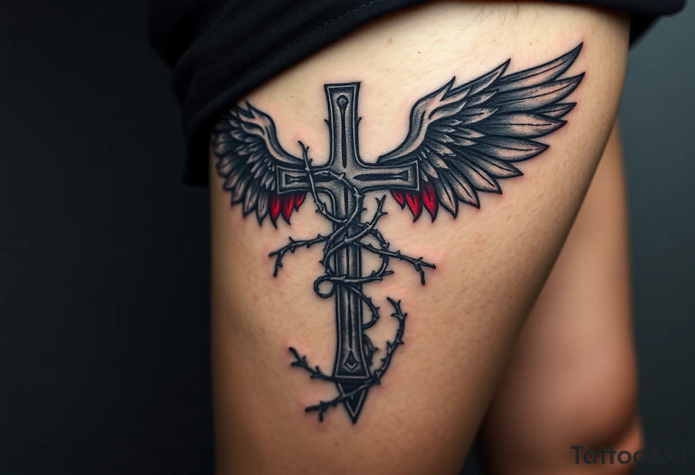 A cross wrapped in thorny vines, with dark angel wings in deep gray and blood-red accents tattoo idea