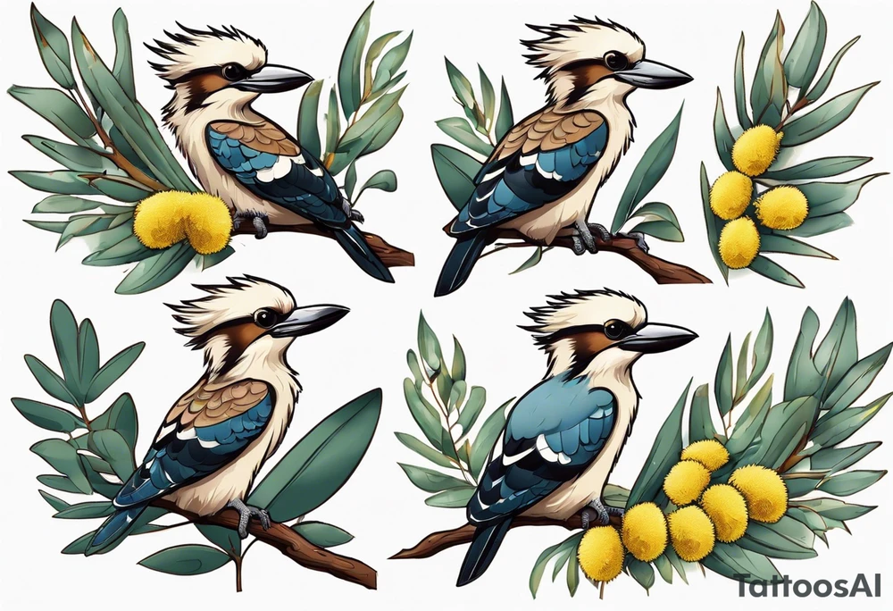 Cartoon kookaburra sitting on wattle and eucalyptus leaves tattoo idea