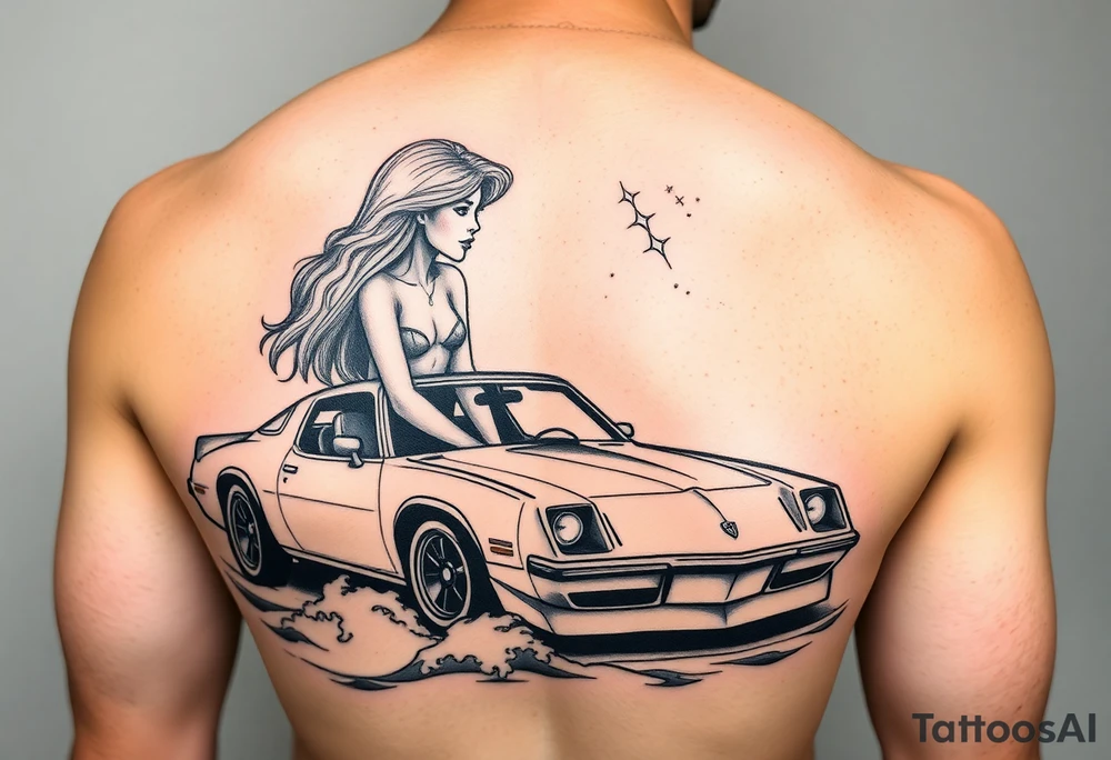I want arm sleeve that starts with a beach with dale Earnhardt car on the beach with a hot blonde 80’s girl with big hair on the hood. Then an ocean with big waves then a big dark sky with the Milky Way in it and Jimi Hendrix Stratocaster in the sky tattoo idea