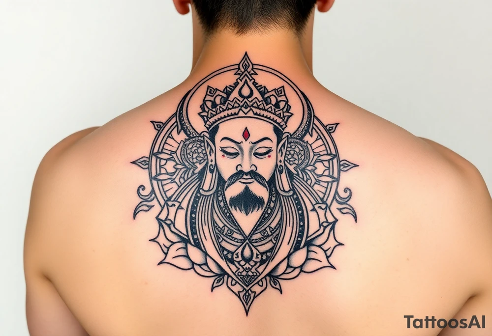 "Tibetan thangka tattoo but deity is a crypto wallet with QR face. Geometric patterns, black/red ink." tattoo idea
