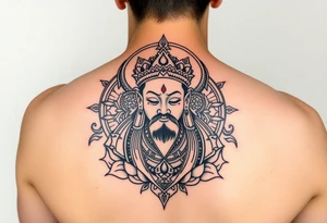 "Tibetan thangka tattoo but deity is a crypto wallet with QR face. Geometric patterns, black/red ink." tattoo idea