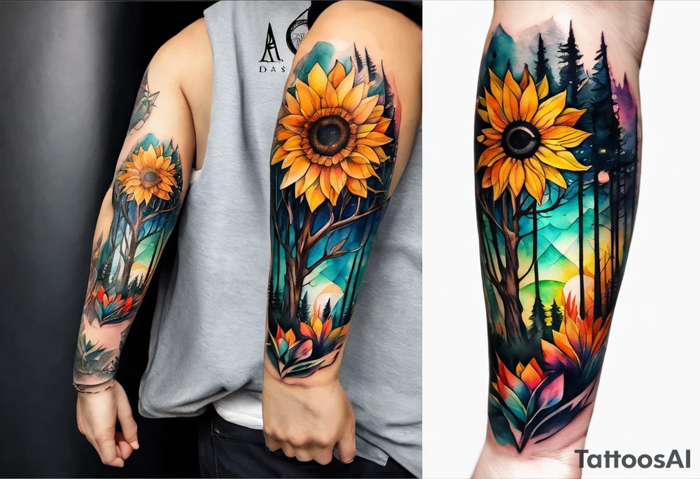 Watercolor forearm tattoo, 4 inches. Black kite (Daya's name), nature (trees/flowers), rock/metal vibe (bold lines), sunflower. Bright colors! tattoo idea