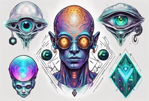 A realistic portrait of an extraterrestrial DJ with a glowing pineal gland tattoo idea
