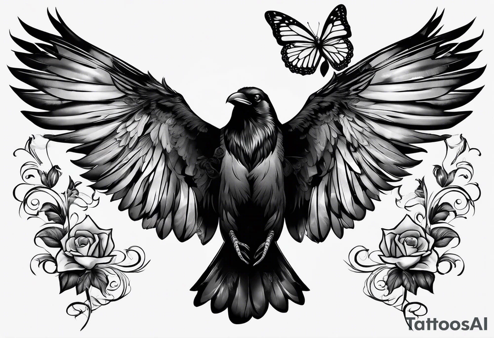 a animal that is a raven and a butterfly tattoo idea