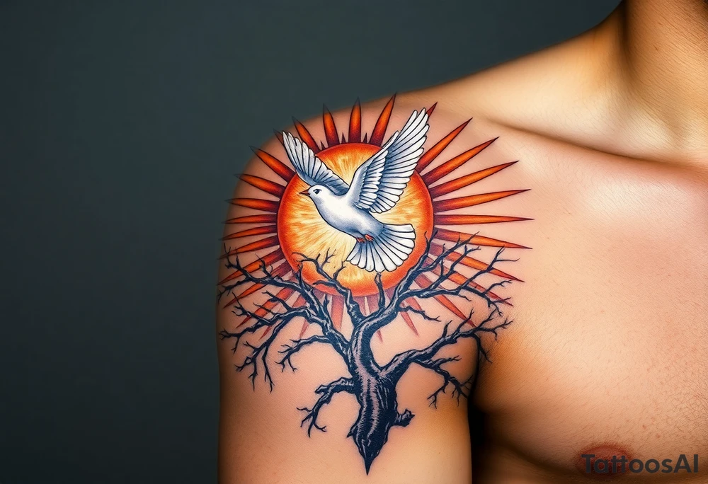 Here’s a more detailed version with an emphasis on placement:

"A hyper-realistic tattoo design placed strictly on the upper shoulder, wrapping slightly over the shoulder cap and integrating seamlessly with the natural contours of the body. The central focus of the tattoo is positioned on the uppermost portion of the shoulder, where a radiant sun is depicted, surrounded by sharp, linear sun rays that extend outward across the shoulder cap and slightly down toward the upper arm and chest. The rays are angled to follow the natural curve of the shoulder, creating a dynamic and harmonious flow with the body.

Directly in front of the glowing sun is a white dove in mid-flight, positioned centrally to draw immediate attention. The dove’s wings are fully extended, with precise detailing on the feathers, giving it a lifelike and ethereal quality. The bird's placement ensures it aligns with the sun as the focal point, resting high on the shoulder, just below the collarbone and above the arm’s deltoid muscle.

Below the sun and dove, the tattoo transitions into a deeply detailed poison tree. The tree’s thick, twisted roots appear to grow organically across the upper arm and slightly toward the back of the shoulder, following the muscle structure. The gnarled, barren branches stretch upward toward the sun, creating a stark contrast with the radiant light above. At the tree's base, a forest of tall, shadowy evergreen trees spreads horizontally across the lower portion of the tattoo, curving naturally with the roundness of the shoulder and fading gently near the edges for a seamless blend into the skin.

The entire tattoo is rendered in black and grey realism, with meticulous shading to emphasize depth and texture. The darker elements, such as the tree and forest, contrast sharply with the lighter tones of the sun and rays, creating a three-dimensional appearance. The tattoo is designed to appear as though it is a natural part of the body, covering the shoulder cap prominently while slightly extending toward the upper chest, upper arm, and back, ensuring the design looks cohesive and balanced from all angles." tattoo idea