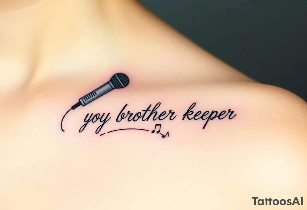 A microphone wire writing the words “My brothers keeper” and music notes tattoo idea