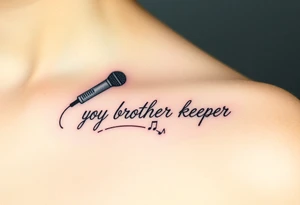 A microphone wire writing the words “My brothers keeper” and music notes tattoo idea