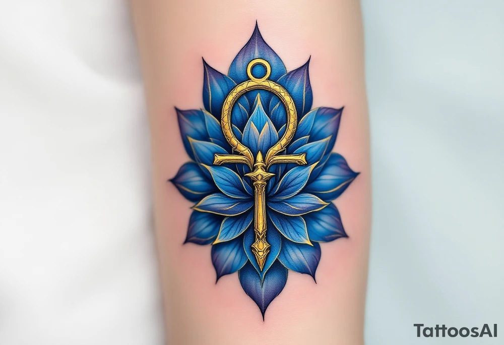 A golden Ankh symbolizing eternal life, wrapped in deep blue lotus petals tattoo idea