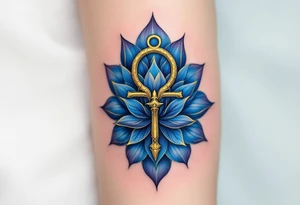 A golden Ankh symbolizing eternal life, wrapped in deep blue lotus petals tattoo idea