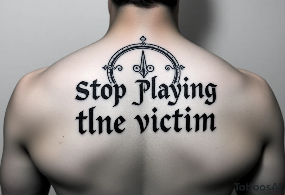 Writer the phrase :"Stop Playing the victim".
Karma infinite sign in background.
The words in greek style tattoo idea