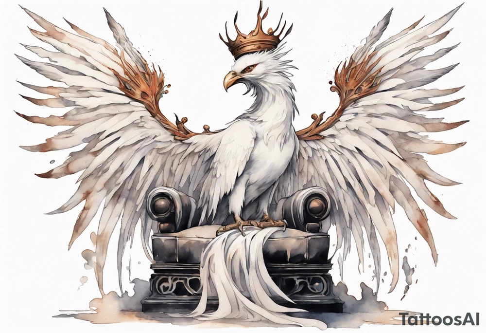 a white phoenix wearing rusty iron crown, perched on a throne tattoo idea