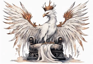 a white phoenix wearing rusty iron crown, perched on a throne tattoo idea