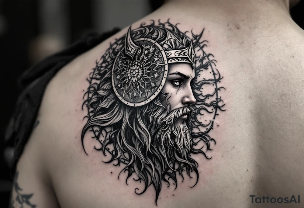 Viking Shield maiden face, black work, intricate lines, realistic, complex tattoo idea