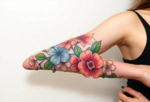 Fore arm tattoo in the neo american traditional style. I want to incorporate a few different flowers: Poppies, Morning Glory, Narcissus with green leaves in the background tattoo idea