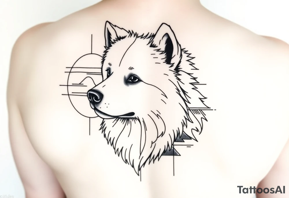 I would like a tattoo in a geometric-realistic style. I want it to depict my dog, a Samoyed (photo attached), combining his face with a design that includes lines, circles, and emotional or symbolic details—like a landscape or a memory connected to him."

If you’d like to customize it more with references to snow, mountains, or other memories, I can tweak it for you! tattoo idea