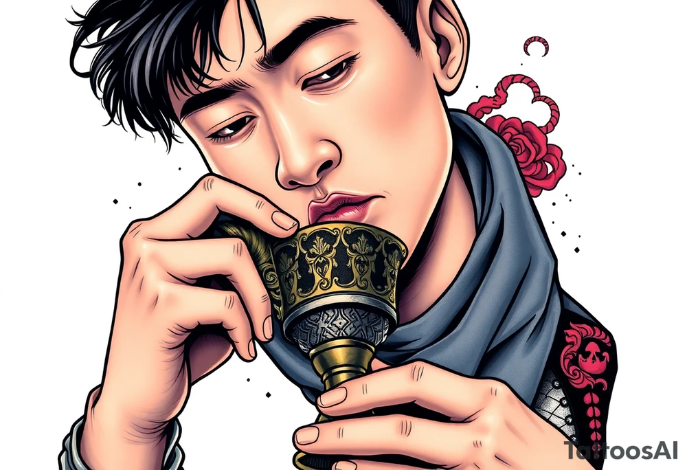 Handsome Asian young guy is drinking from medieval feast cup tattoo idea