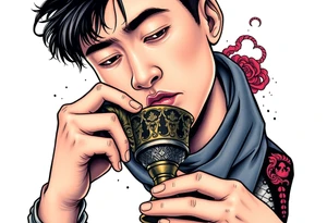 Handsome Asian young guy is drinking from medieval feast cup tattoo idea
