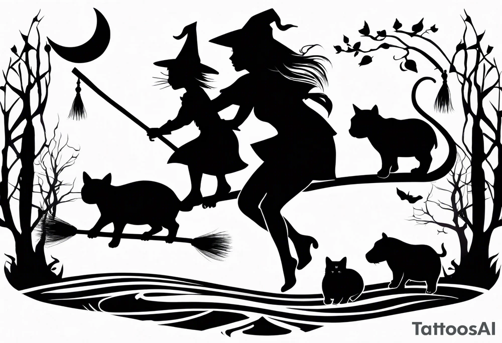 Thin witches silhouette with a beautiful witches broom a black kitty and a Siamese kitty and a tiny hippo tattoo idea