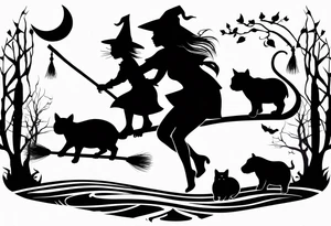 Thin witches silhouette with a beautiful witches broom a black kitty and a Siamese kitty and a tiny hippo tattoo idea