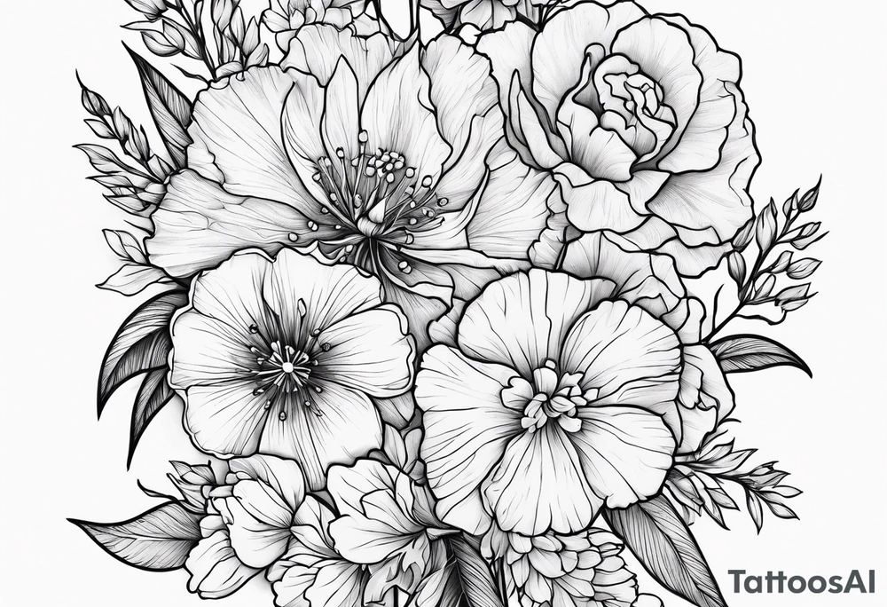 Flowers including larkspur and carnations tattoo idea