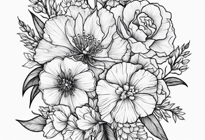 Flowers including larkspur and carnations tattoo idea