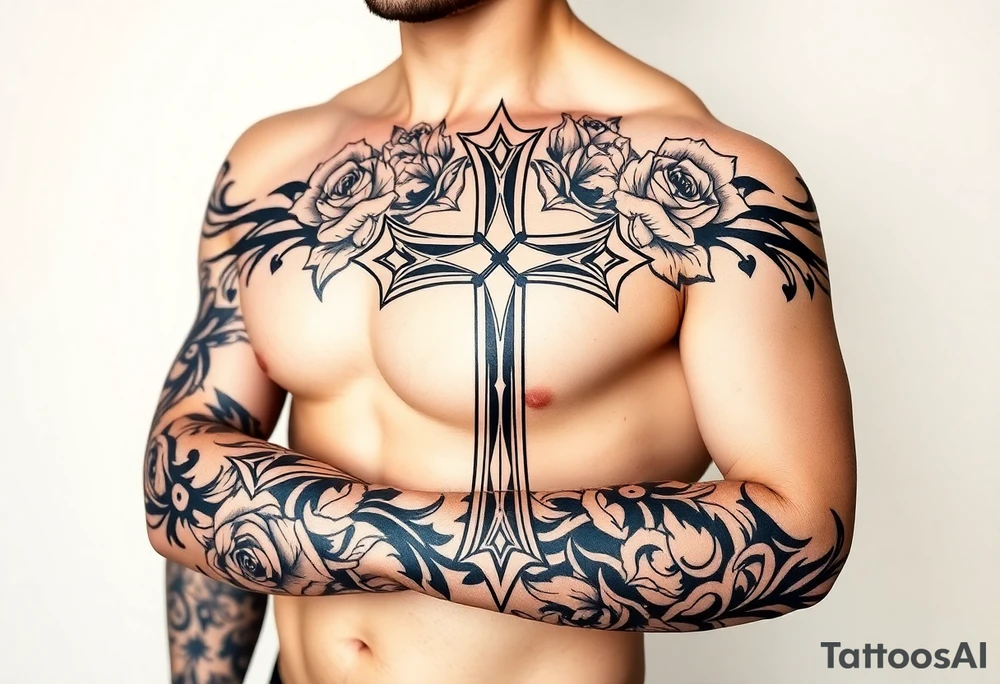 a cross with roses tattoo idea
