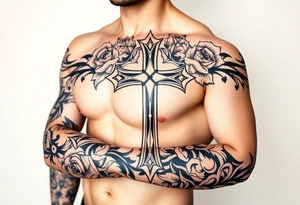 a cross with roses tattoo idea