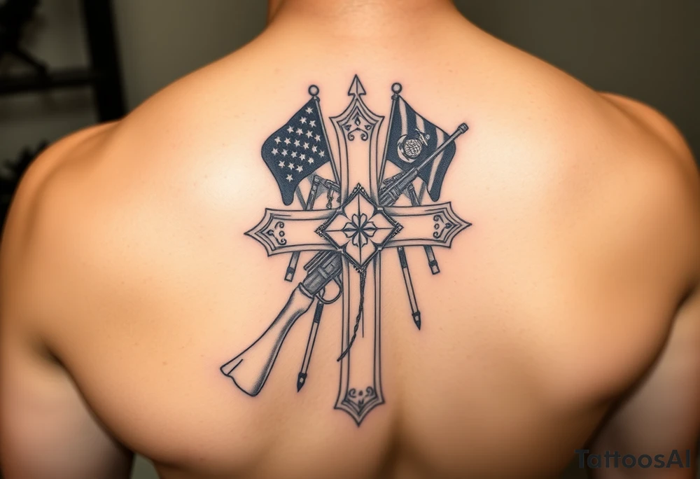 realistic Battlefield Memorial Cross Rifle, with Navy and marine corps flags in the background tattoo idea