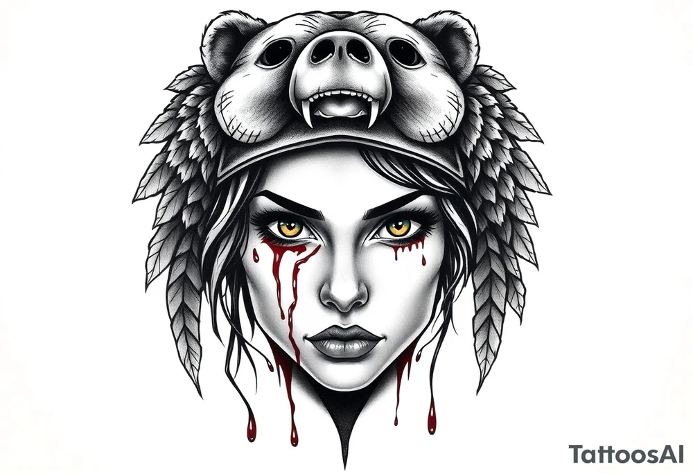 Symmetrical Beautiful Woman, looking forward, with colored eyes, shedding a tear, with battle scars and blood on face, with soft look, wearing a mean looking bear headdress on head tattoo idea