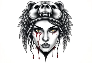 Symmetrical Beautiful Woman, looking forward, with colored eyes, shedding a tear, with battle scars and blood on face, with soft look, wearing a mean looking bear headdress on head tattoo idea