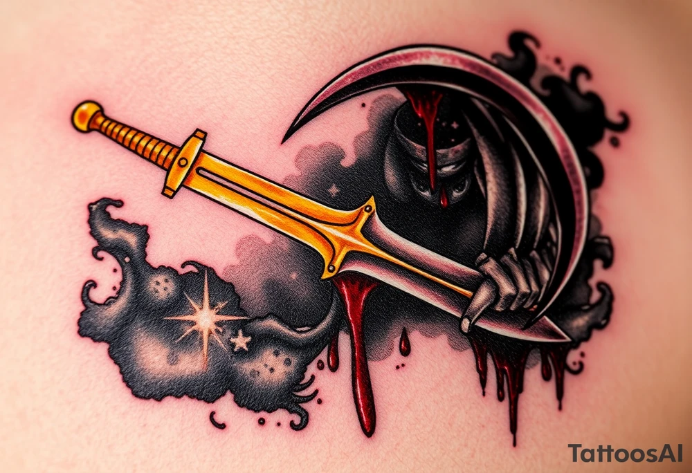 A brilliant sword with a golden hilt, sparkling with rays of light, clashing against a dark, menacing scythe, dripping with black mist and dark crimson blood, creating a dynamic contrast between hope and despair tattoo idea