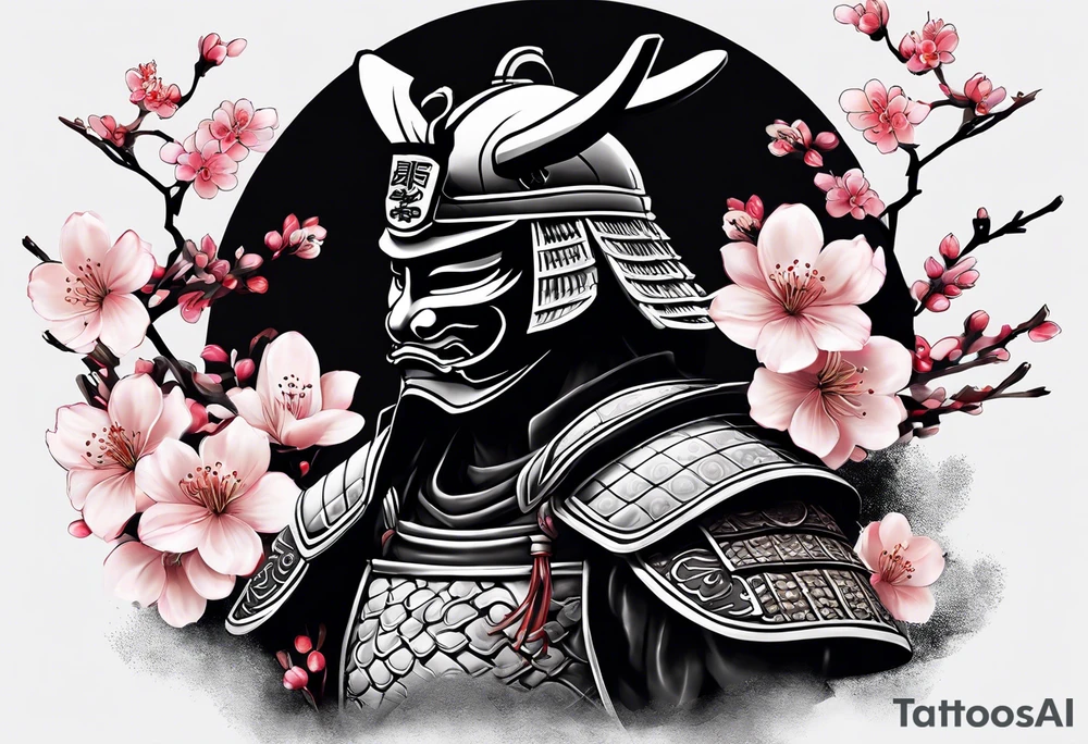 Create a black and white image that incorporates the following: A samurai helmet with a traditional samurai face mask and body armor turned slightly to the side, a decorated Japanese body armor below the mask with the samurai’a hand in his sheathed sword and cherry blossoms scattered tattoo idea