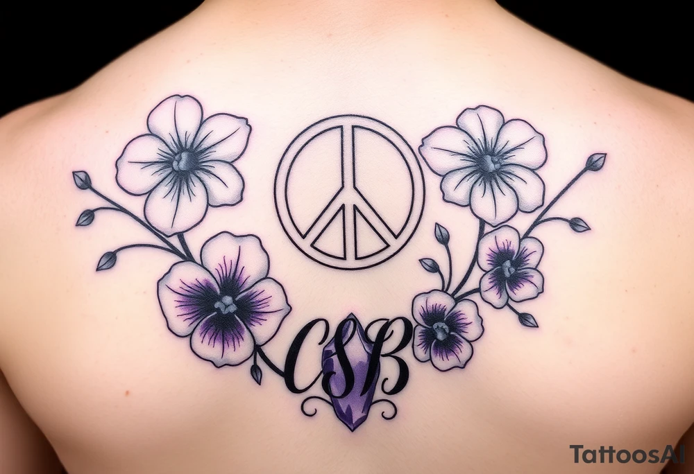 Violets, peace symbol, Pisces symbol, dog prints, amethyst, initials csb in cursive font tattoo idea