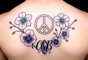 Violets, peace symbol, Pisces symbol, dog prints, amethyst, initials csb in cursive font tattoo idea